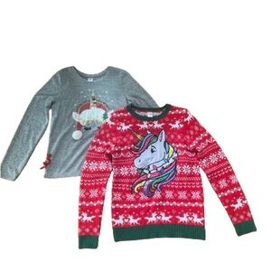 Girl's Unicorn Christmas Sweater and Shirt Lot Size XXL 18 Holiday Time